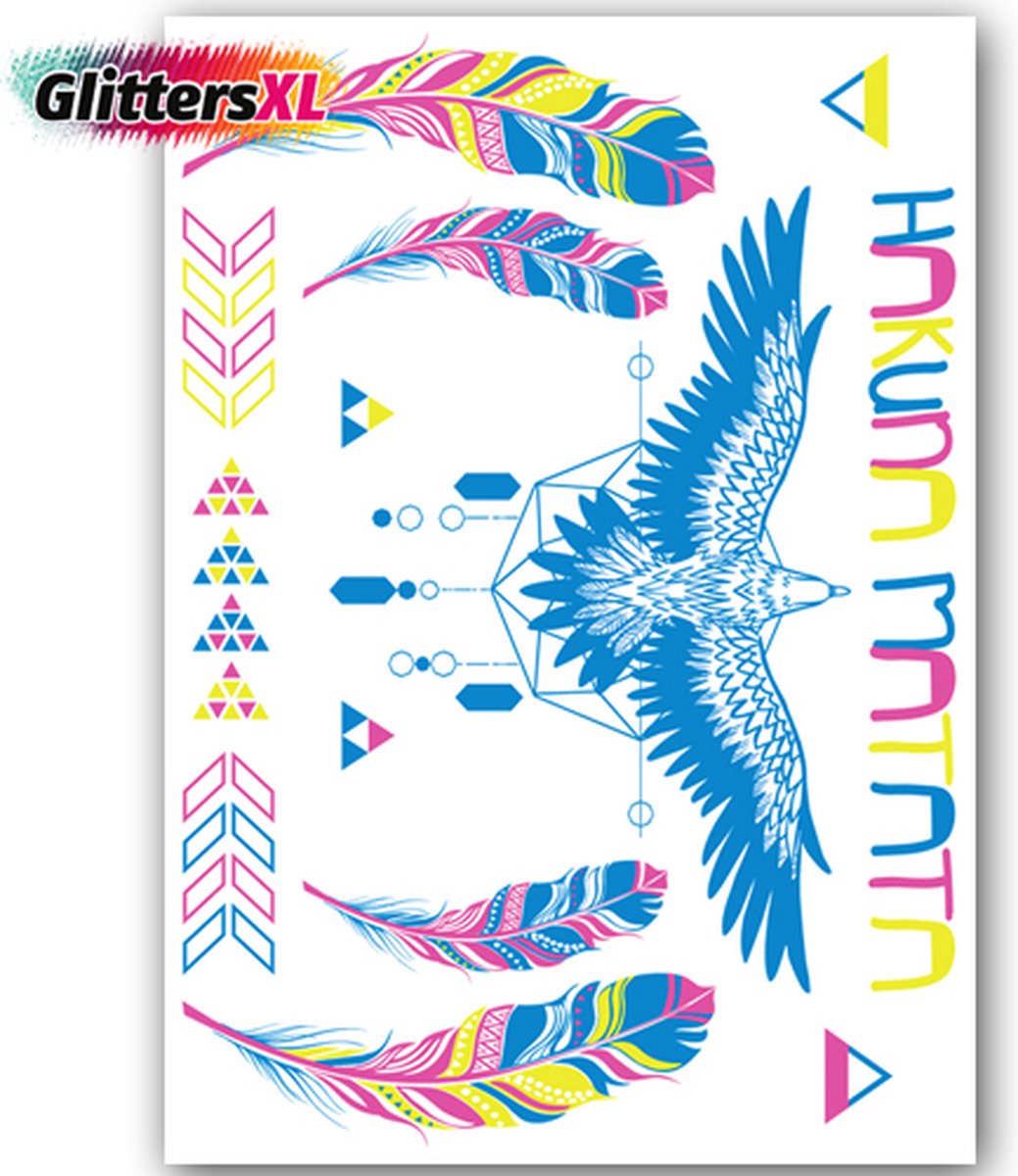 GlittersXL - Temporary Tattoo Neon/Glow In The Dark (A5 formaat) [Neptattoo - Tijdelijke tatoeage - Nep Fake Tattoos - Water overdraagbare festival sticker henna outfit tattoo - Glitter tattoo - Volwassenen Kinderen Jongen Meisje]